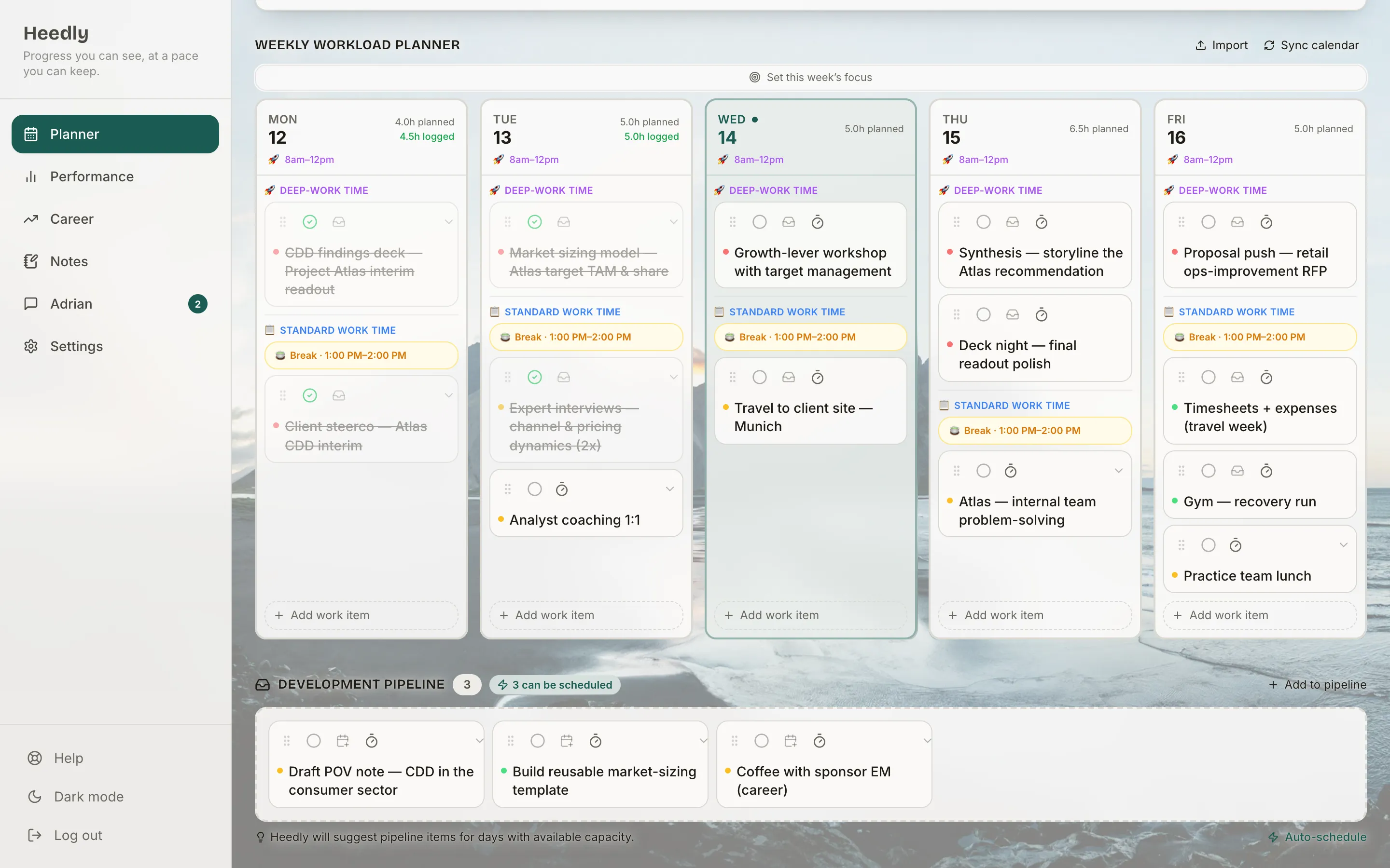The Heedly weekly planner for consultants: Monday to Friday with deep-work hours from 8 to 12 and a protected lunch break, tasks such as a growth-lever workshop and the storyline for a client recommendation, planned and logged hours per day, and a pipeline of tasks Heedly can schedule into days with room.