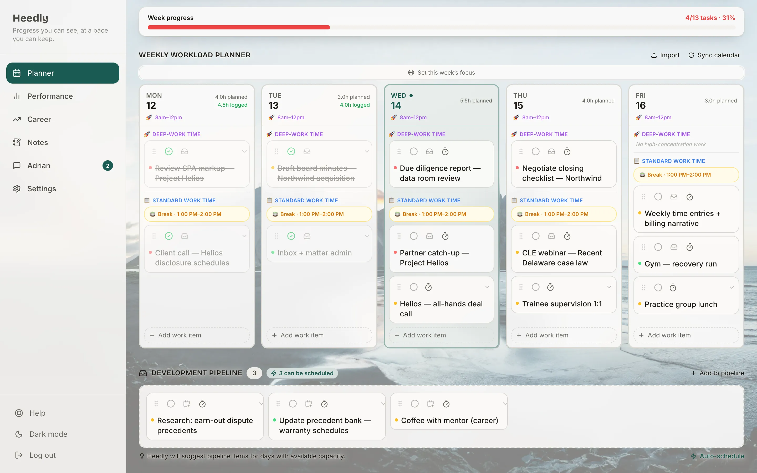 The Heedly weekly planner for lawyers: Monday to Friday with deep-work hours from 8 to 12 and a protected lunch break, tasks such as a due diligence data room review and a closing checklist, planned and logged hours per day, and a pipeline with precedent research Heedly can schedule into days with room.